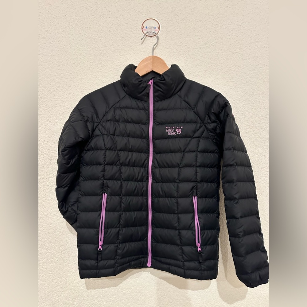 Mountain Hardwear Youth Medium Duck Down Puffer Jacket Black with Purple Trim